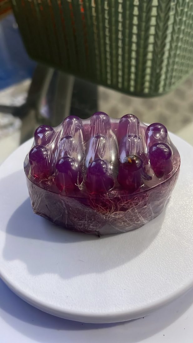 Sabonete massageador roxo com bucha natural